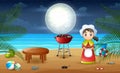 Seascape night background with a woman cooking