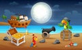 Seascape night with pirate parrot on the beach Royalty Free Stock Photo