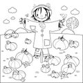 Pumpkin field and a scarecrow. Vector black and white coloring page