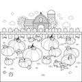 Pumpkin field and a farmhouse. Vector black and white coloring page