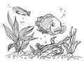 Fish in the aquarium, black and white graphics, contour drawing