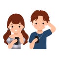 Man and woman staring at their phone with anxious expression. Receiving bad news. Royalty Free Stock Photo