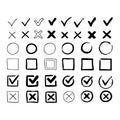 Doodle check marks. hand drawn checkbox, examination mark and checklist marks. check signs