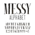 Messy serif alphabet font. Handwritten uppercase letters, numbers and symbols. White background.