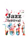 Music poster for jazz festival with music instruments. Colorful euphonium, double bell euphonium, saxophone and trumpet with music