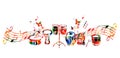 Music instruments background. Colorful drum, darbuka, bongo drums, indian tabla and traditional Turkish drum with music notes isol