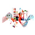 Colorful music instruments isolated vector illustration. Piano keyboard, guitar, trumpet, microphone, saxophone and violoncello.