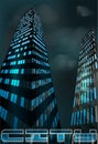 Night city, abstract futuristic architecture buildings down perspective view from street level
