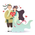 Cartoon chinese couples holding heart shape