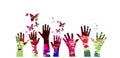 Colorful many human hands with butterflies vector illustration