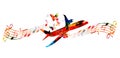 Colorful airplane with music notes and butterflies vector illustration