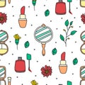 Seamless Girls Cosmetic Pattern, Doodle Illustration, Vector EPS 10.