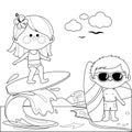 Children at the beach surfing on a wave in the sea. Vector black and white coloring page Royalty Free Stock Photo