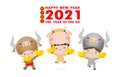 Happy Chinese new year 2021 the year of the ox greeting card zodiac poster design ox and cute kids wearing cow costumes Royalty Free Stock Photo
