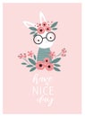 Print. Vector poster with a rabbit `have a nice day.` cartoon bunny.