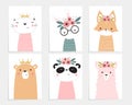 Print. Posters with animals. Cartoon characters. Cartoon animals. Cat, rabbit, squirrel, fox, bear, panda, llama, alpaca Royalty Free Stock Photo