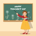 Female teacher teaching in a classroom in front of chalkboard decorated with flower. Happy world teacher`s day. Gratitude for teac