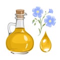 Flaxseed oil and drop. Vector illustration of glass bottle with plant oil and flower Royalty Free Stock Photo