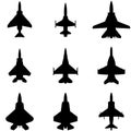 Jet Fighter Airplane Silhouette Icon Set Black Color