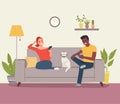 Young woman, afro american man look into the smartphones and cat  sitting on sofa in the living room. Vector flat style illustrati Royalty Free Stock Photo