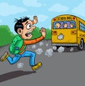 School kid yelling and running, left by the bus Royalty Free Stock Photo