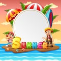 Summer tropical beach with happy pirate kids