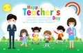 Happy teachers day poster for new normal lifestyle concept. happy students kids and teachers wearing face mask protect corona viru