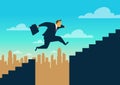 Businessman running up staircase and jumping over chasm, Gap on stairway to success, Business concept