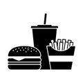 Hamburger soda takeaway and french fries, Fast food icon sign, Silhouette flat design on white background, Vector illustration.