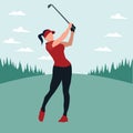 A woman swing golf stick in the golf field