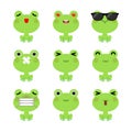 Set of cute cartoon green frog emoji set isolated on white background. Royalty Free Stock Photo