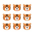 Set of cute cartoon tiger emoji set isolated on white background