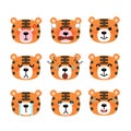 Set of cute cartoon tiger emoji set isolated on white background