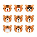 Set of cute cartoon tiger emoji set isolated on white background