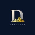 Letter D with golden mountain illustration logo design template