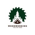 Wood working symbol logo design.Sawmil with tree illustration for wood work company