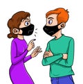 Couples wearing medical masks talking each other.