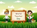 Happy World Teacher Day.smiling a teachers on nature background