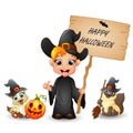 Happy Halloween with little witch holding a wooden sign letter Royalty Free Stock Photo