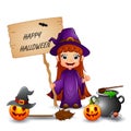 Happy Halloween with little witch holding a wooden sign letter Royalty Free Stock Photo
