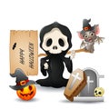 A grim reaper holding Happy Halloween sign letter Royalty Free Stock Photo