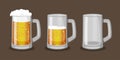 Three mugs of light beer with one full, one half-full and one empty Royalty Free Stock Photo