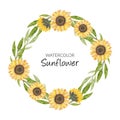 Hand painted watercolor sunflower wreath circle border Royalty Free Stock Photo