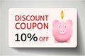 Discount coupon with Piggy bank, gold coin and sale text: 10% off on blue, green and red background