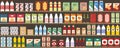 Supermarkets shelves with products and drinks. Seamless pattern. Shopping and food retail concept.