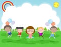 Happy children jumping and dancing on the park, kids activities,  children playing in playground, Template for advertising Royalty Free Stock Photo