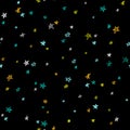 Seamless vector pattern with hand-drawn colorful stars on black background. Black sky.