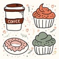 Coffee, Donut and cake sketching doodle icons set