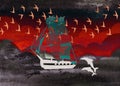 Illustration of a colorful media mix of a sailing ship at sea and dolphins jumping next to it. Royalty Free Stock Photo