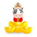 Happy Chinese new year 2021, cute Little cow with Lion Dance Head holding Chinese gold, the year of the ox zodiac, Cartoon vector Royalty Free Stock Photo